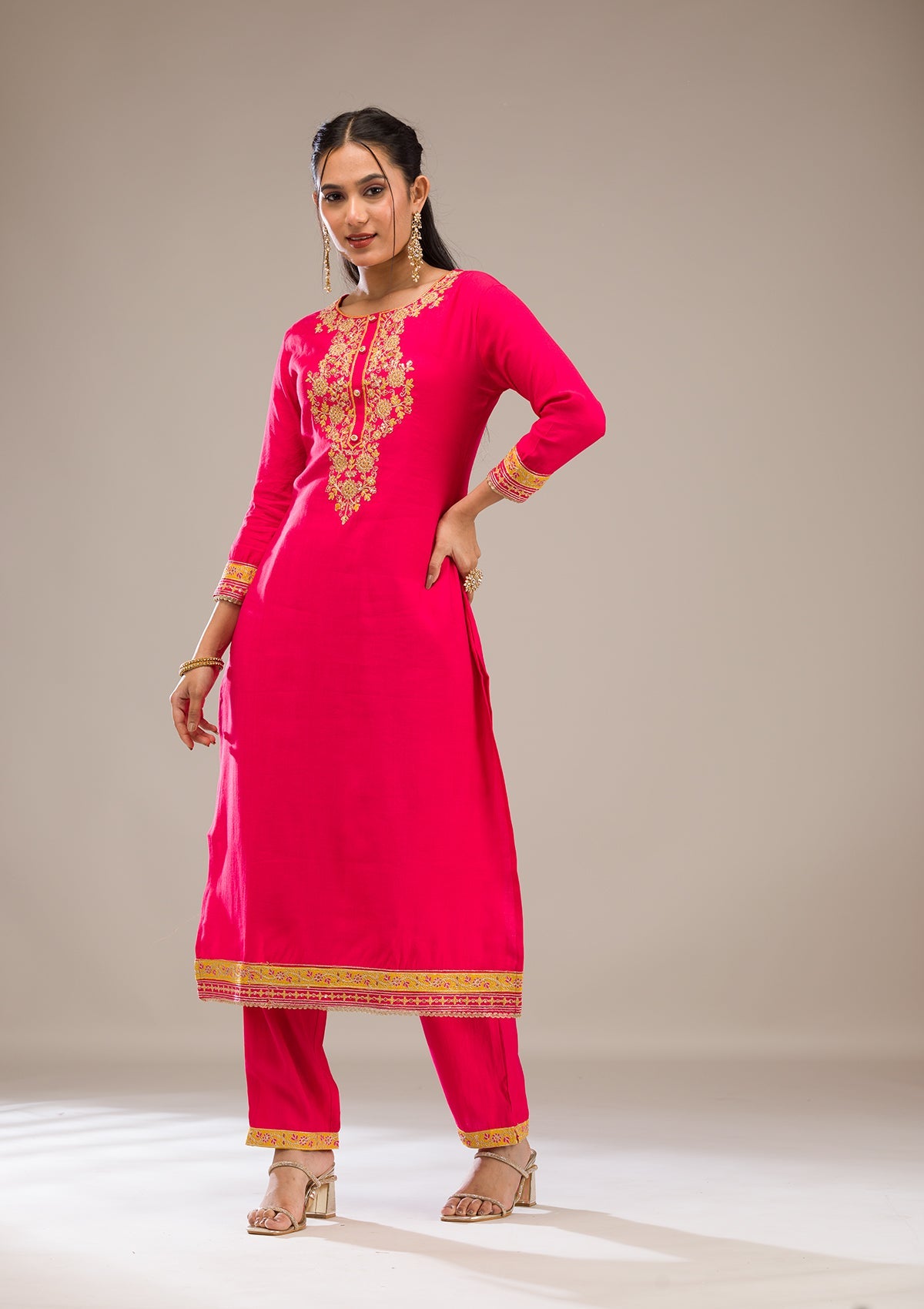 Rani Pink Zariwork Chiffon Readymade Salwar Suit-Koskii