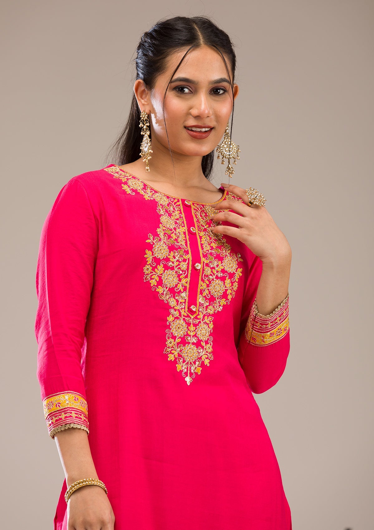 Rani Pink Zariwork Chiffon Readymade Salwar Suit-Koskii