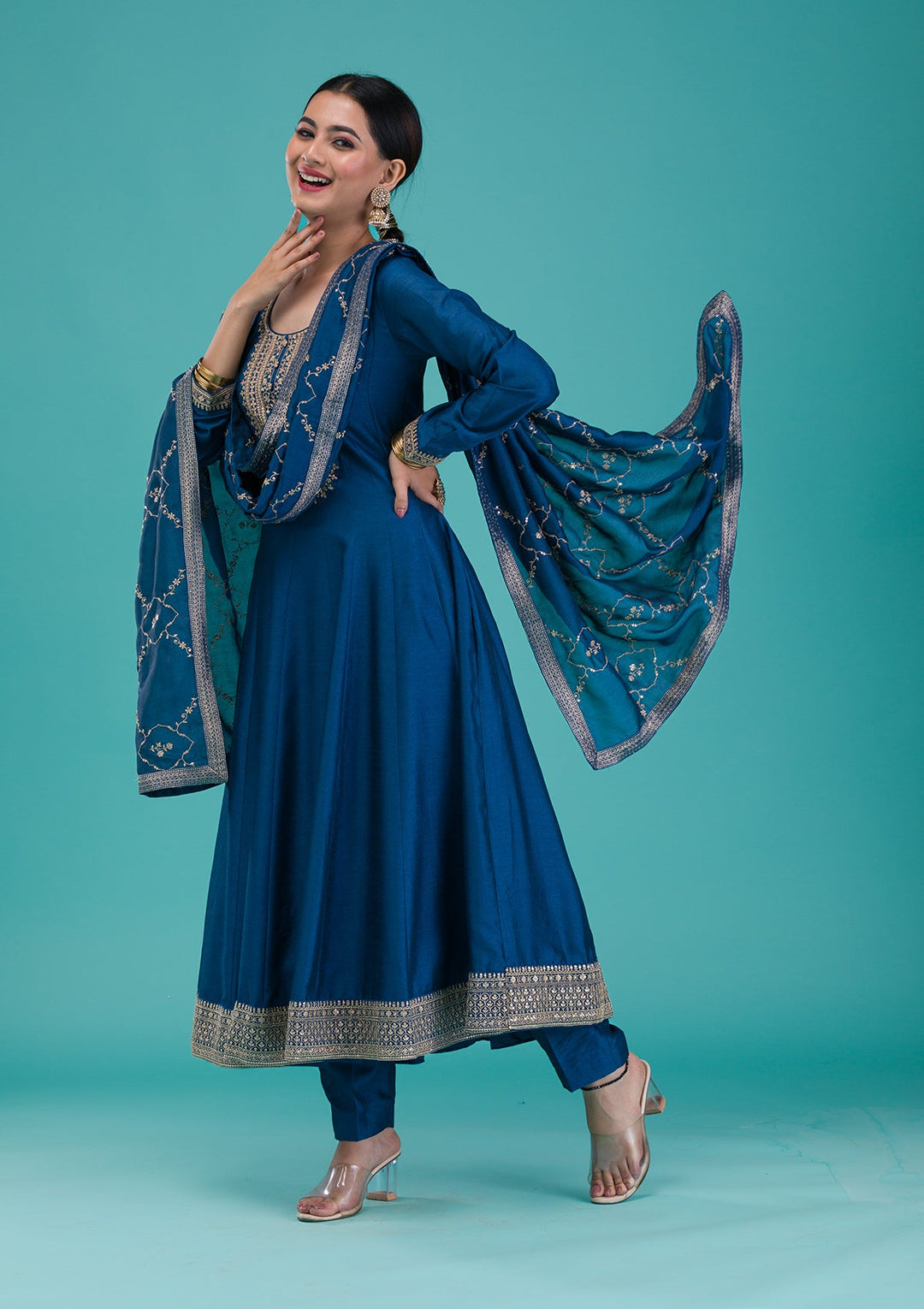 Navy Blue Zariwork Crepe Readymade Salwar Suit-Koskii