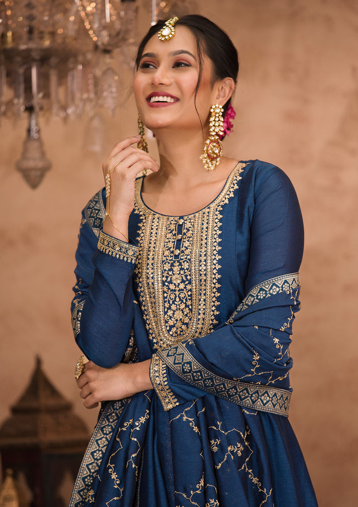Peacock Blue Zariwork Crepe Readymade Salwar Kameez