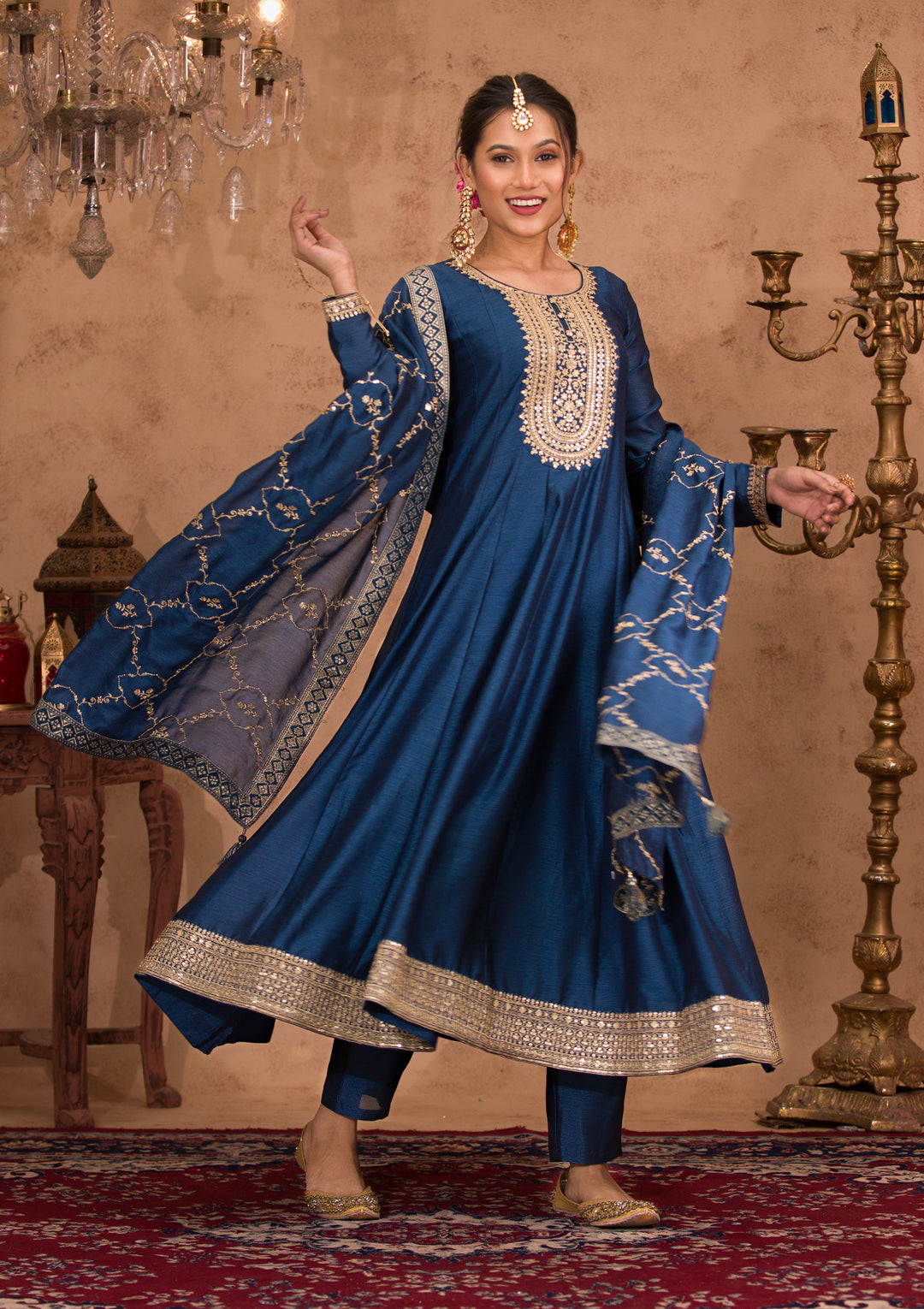 Peacock Blue Zariwork Crepe Readymade Salwar Kameez