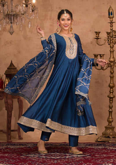 Peacock Blue Zariwork Crepe Readymade Salwar Suit
