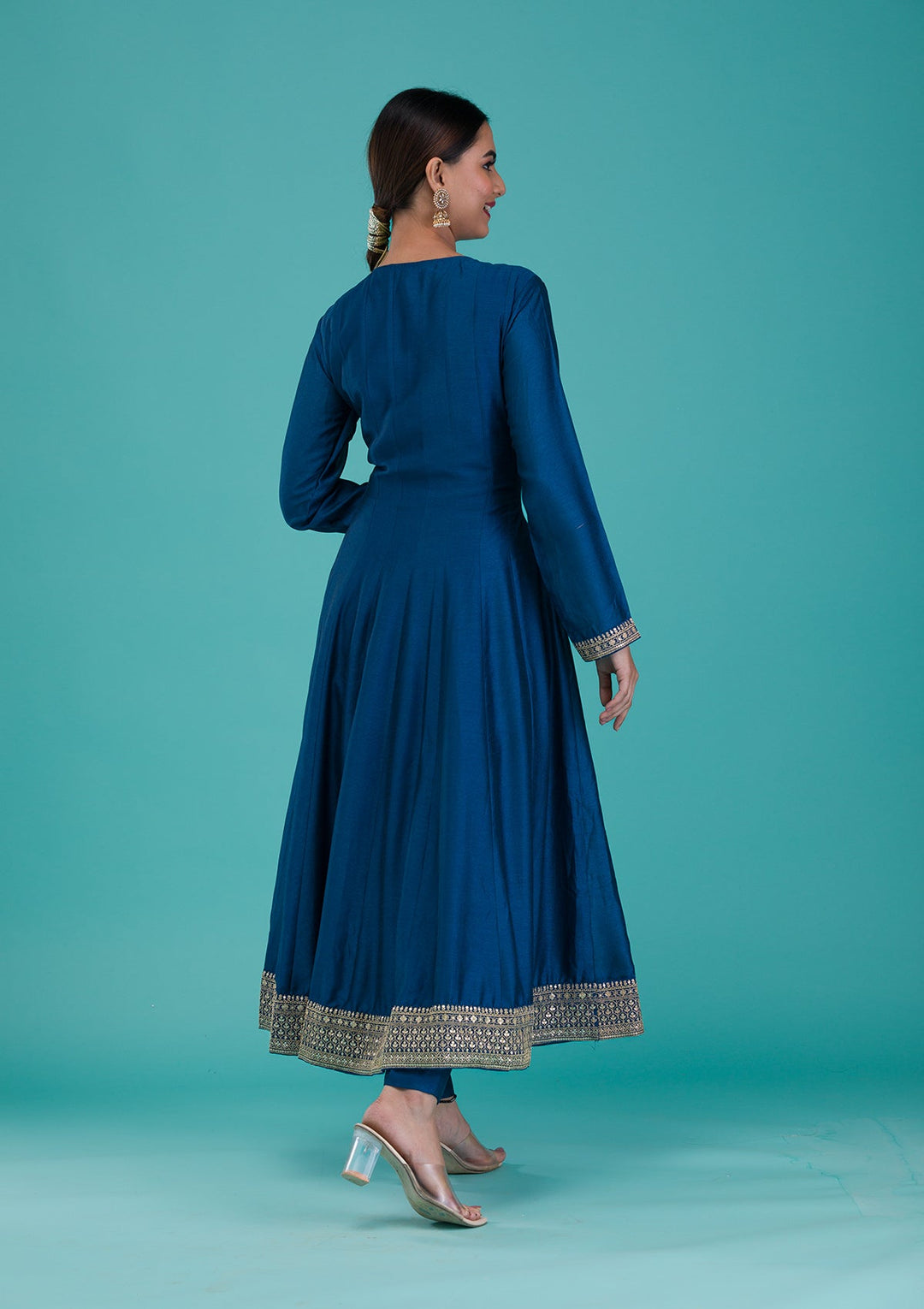 Navy Blue Zariwork Crepe Readymade Salwar Suit-Koskii