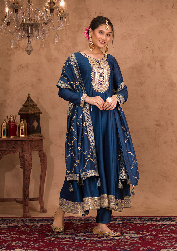 Peacock Blue Zariwork Crepe Readymade Salwar Kameez