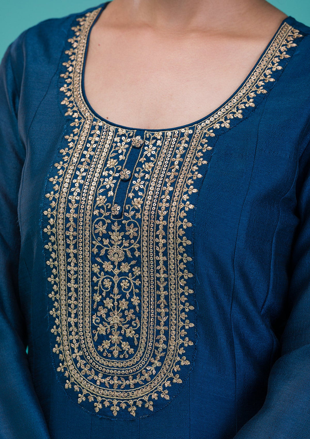 Navy Blue Zariwork Crepe Readymade Salwar Suit-Koskii