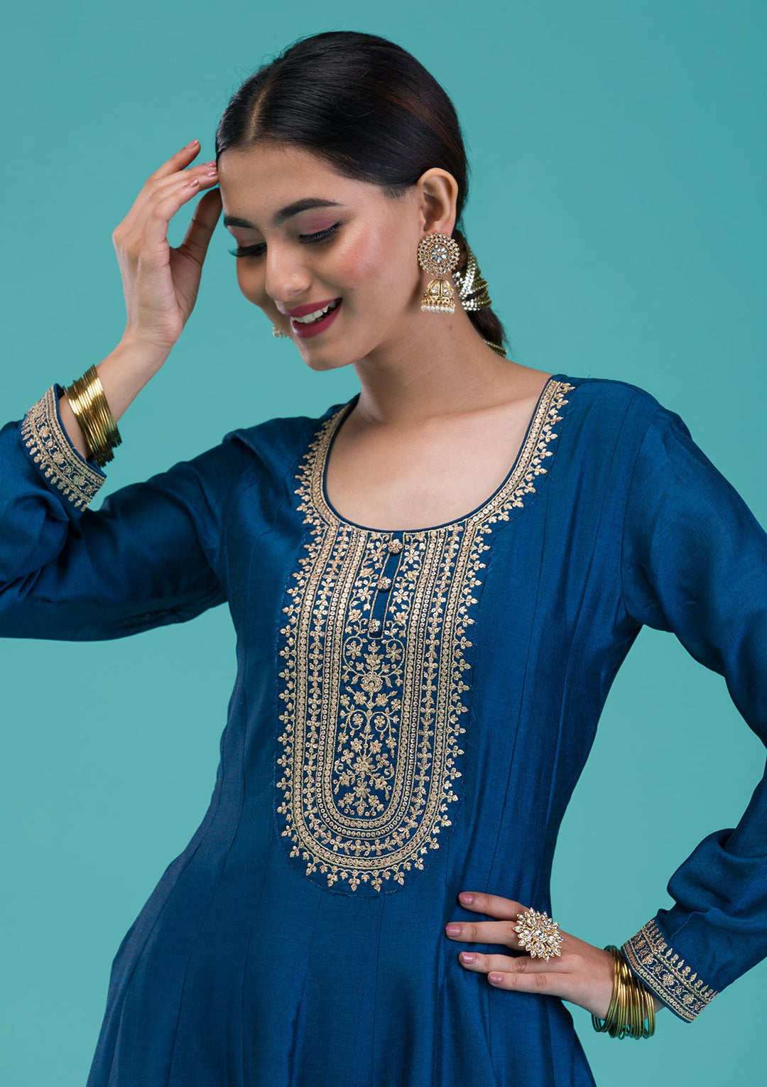 Navy Blue Zariwork Crepe Readymade Salwar Suit-Koskii
