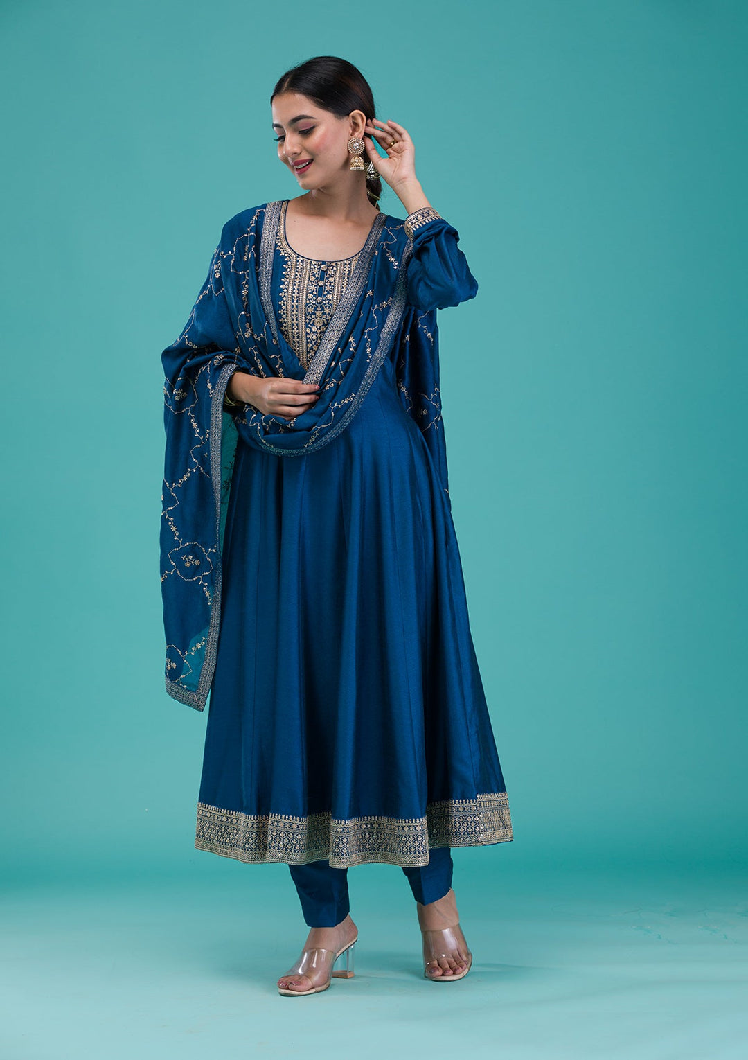 Navy Blue Zariwork Crepe Readymade Salwar Suit-Koskii