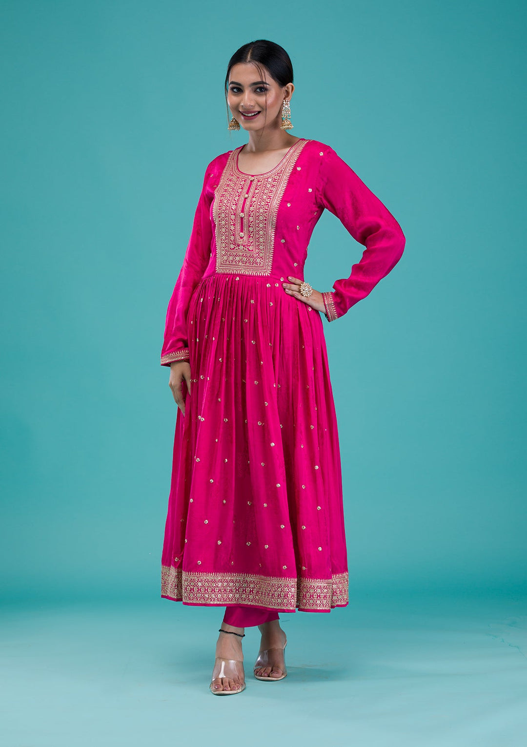 Rani Pink Zariwork Crepe Readymade Salwar Suit-Koskii