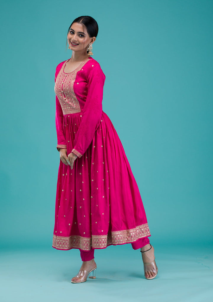 Rani Pink Zariwork Crepe Readymade Salwar Suit-Koskii