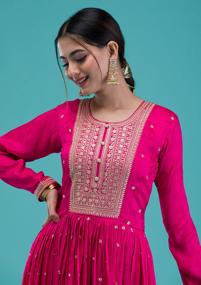 Rani Pink Zariwork Crepe Readymade Salwar Suit-Koskii
