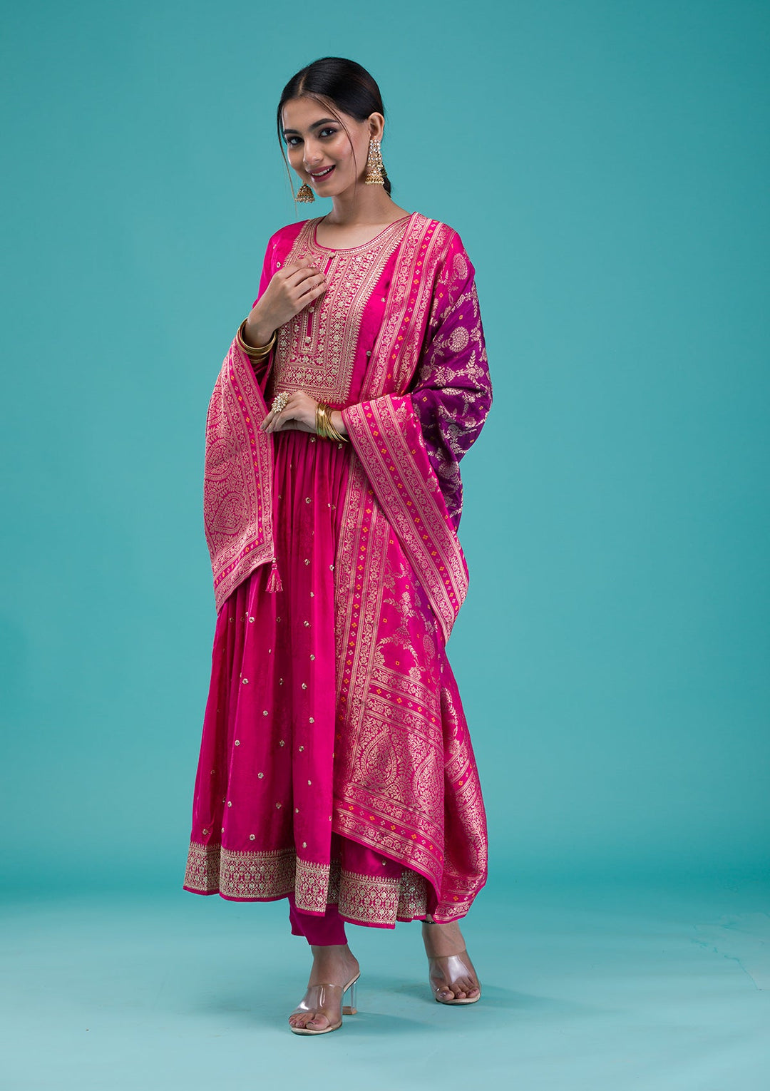 Rani Pink Zariwork Crepe Readymade Salwar Suit-Koskii