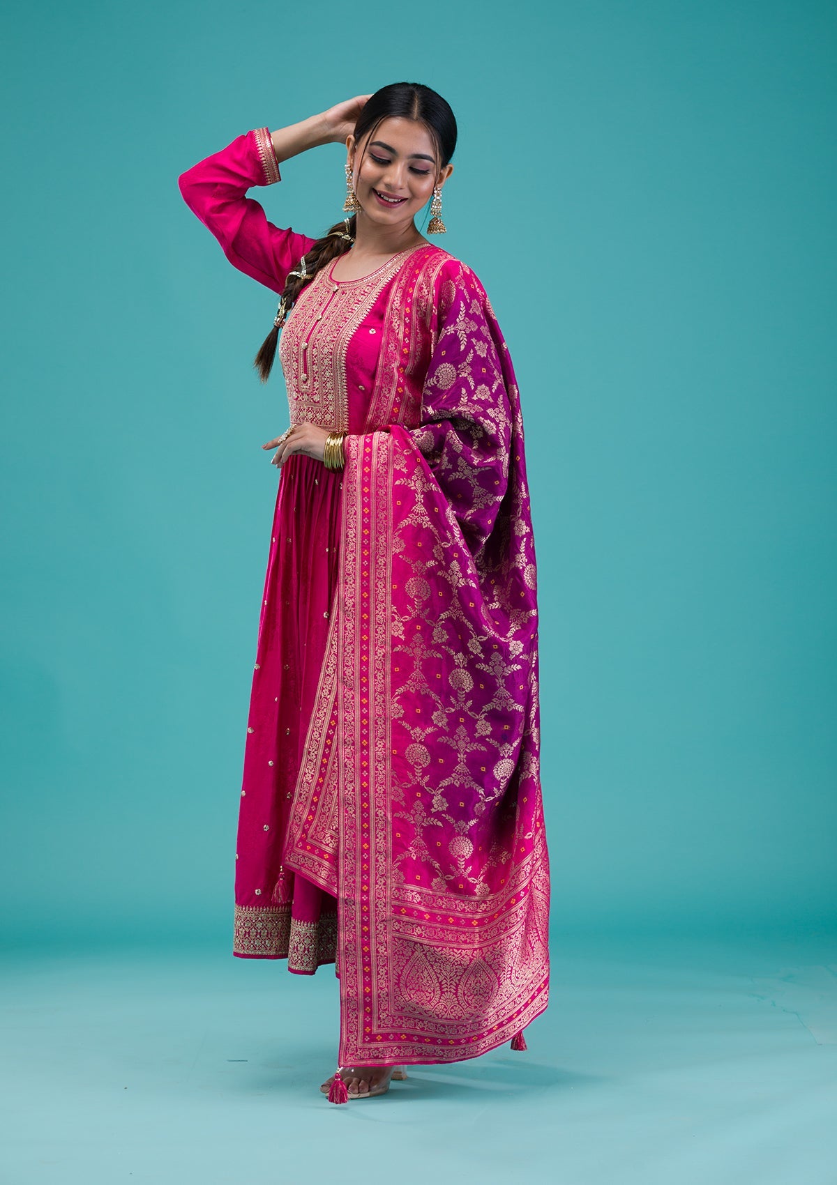 Rani Pink Zariwork Crepe Readymade Salwar Suit-Koskii