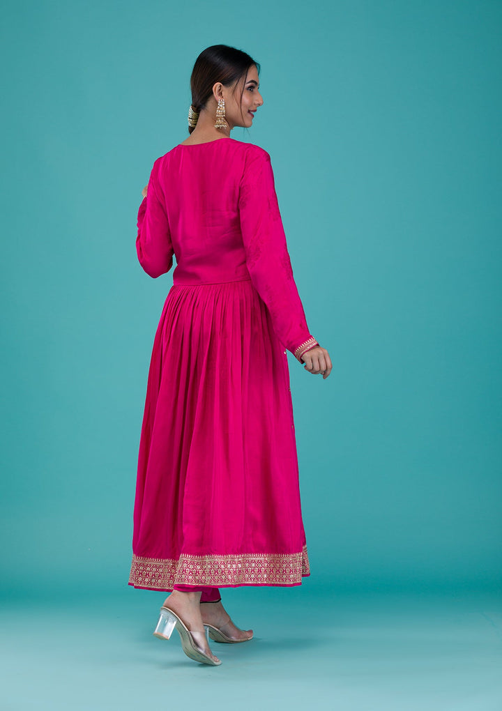 Rani Pink Zariwork Crepe Readymade Salwar Suit-Koskii