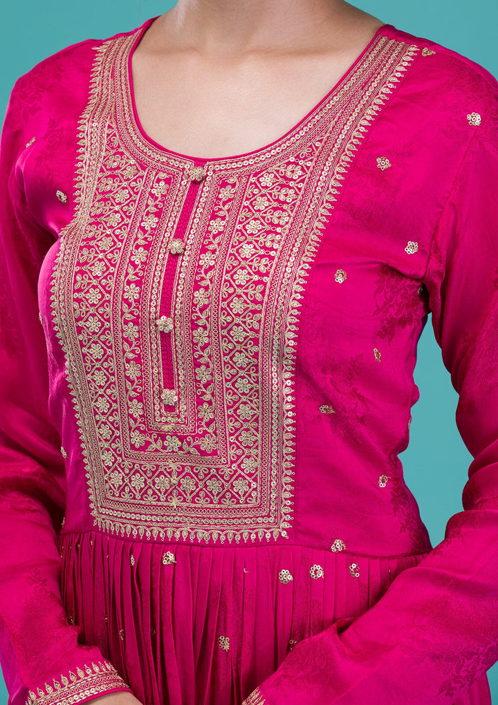 Rani Pink Zariwork Crepe Readymade Salwar Suit-Koskii
