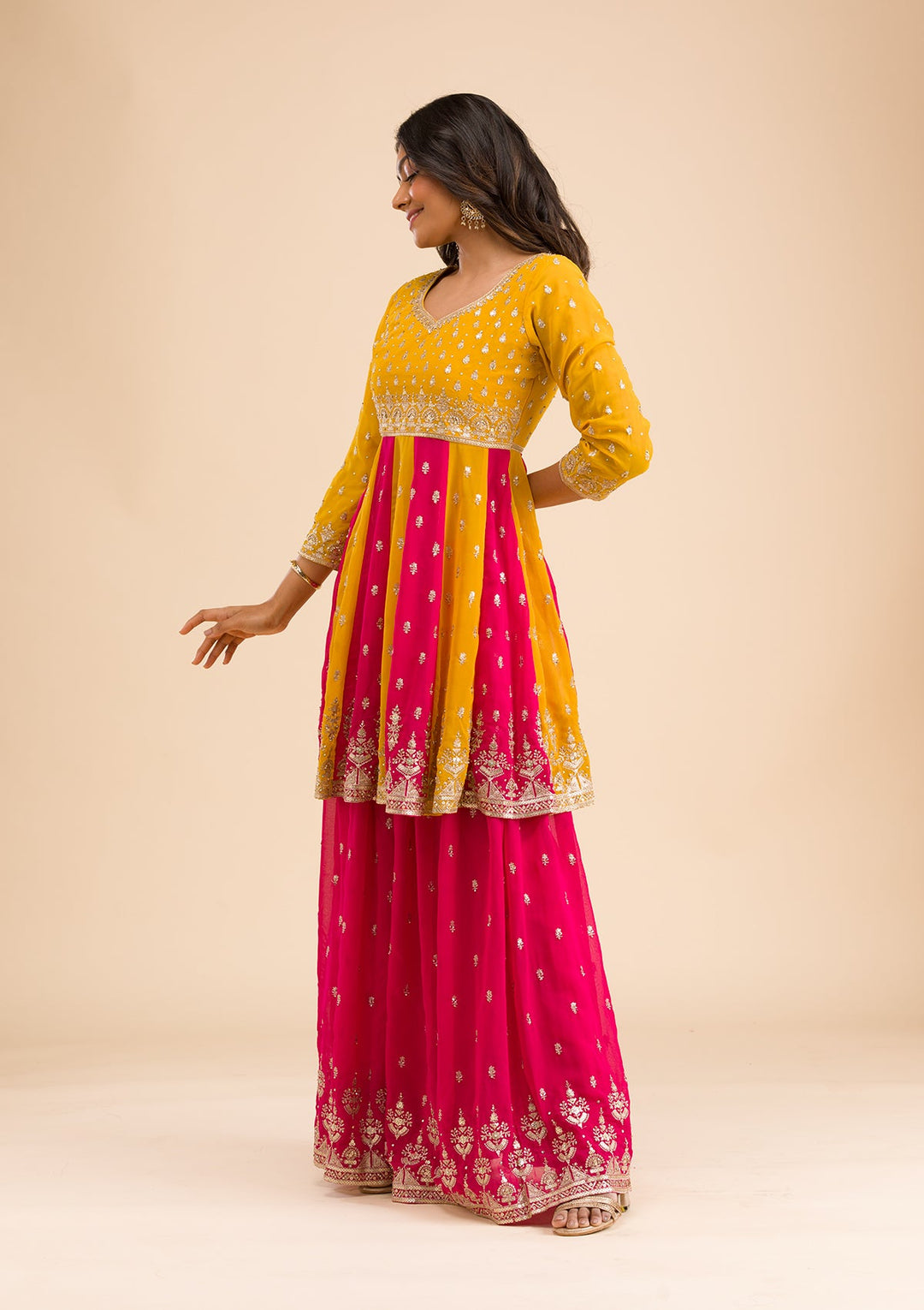 Rani Pink Zariwork Georgette Readymade Salwar Kameez-Koskii