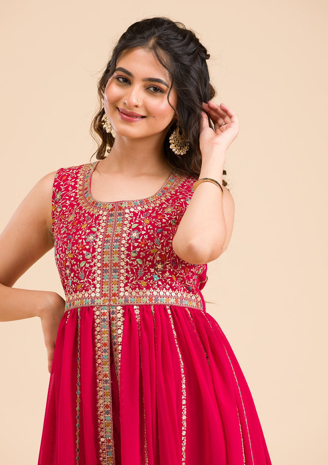 Rani Pink Zariwork Georgette Readymade Salwar Kameez-Koskii