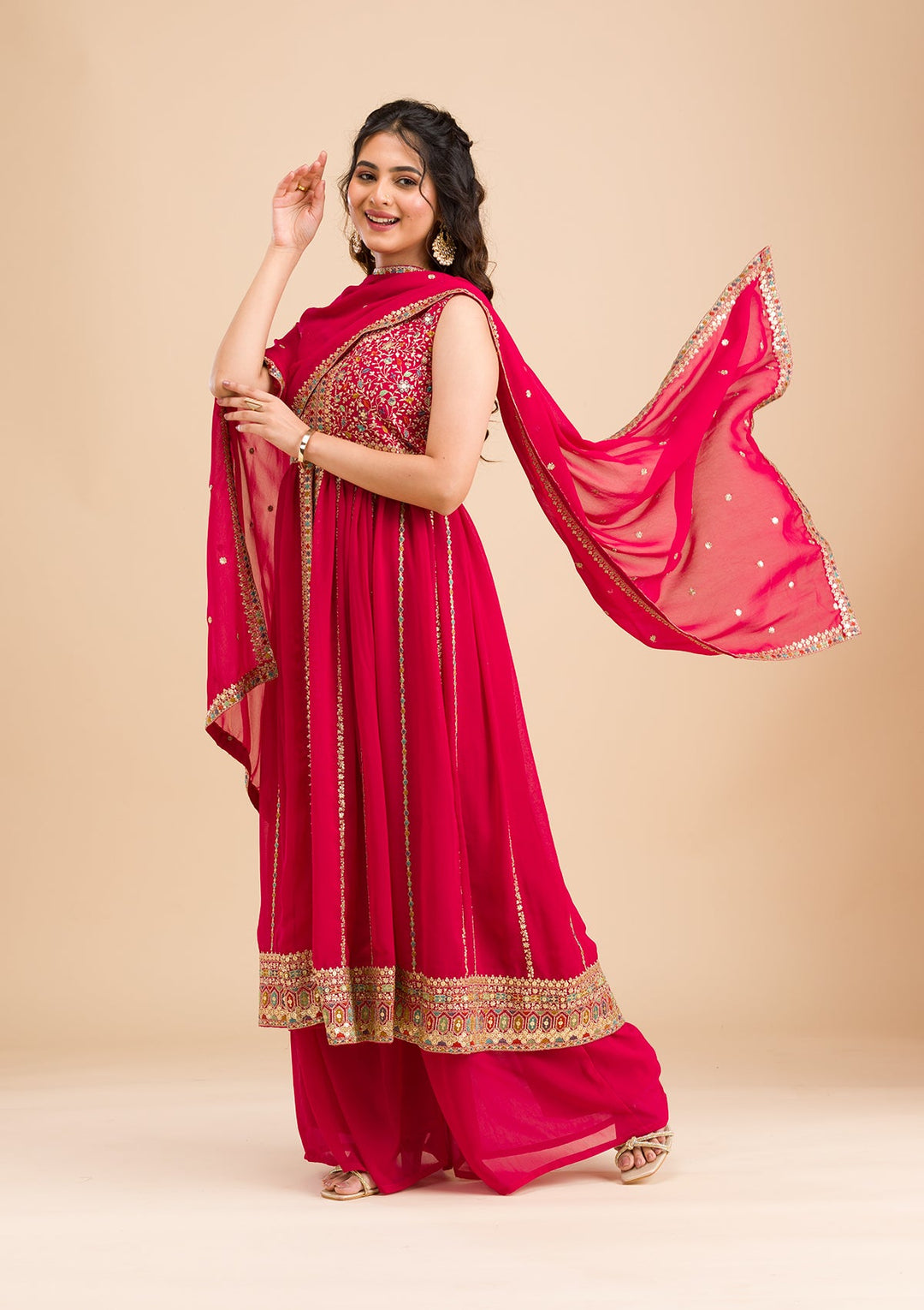 Rani Pink Zariwork Georgette Readymade Salwar Kameez-Koskii
