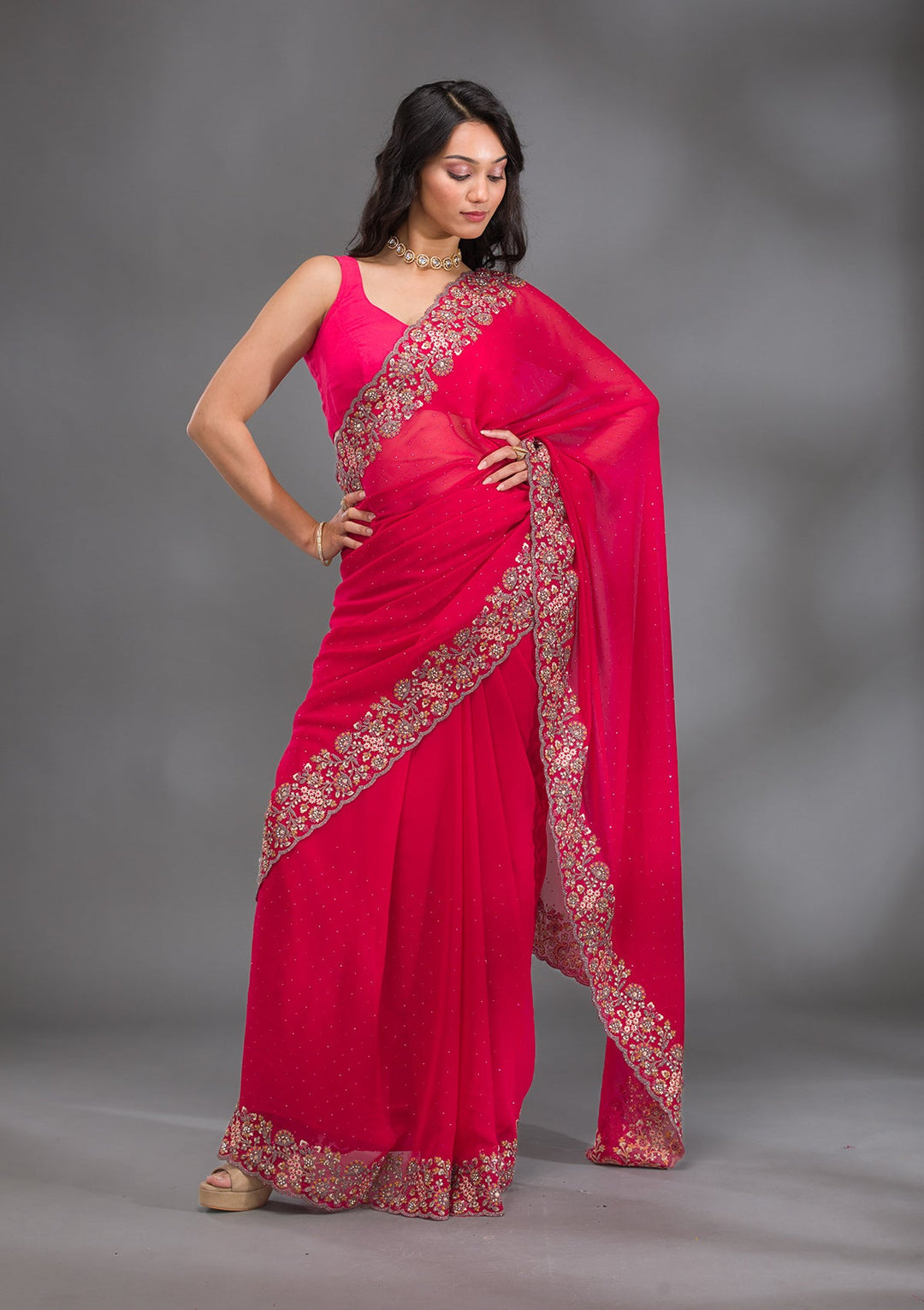 Rani Pink Zariwork Georgette Saree-Koskii