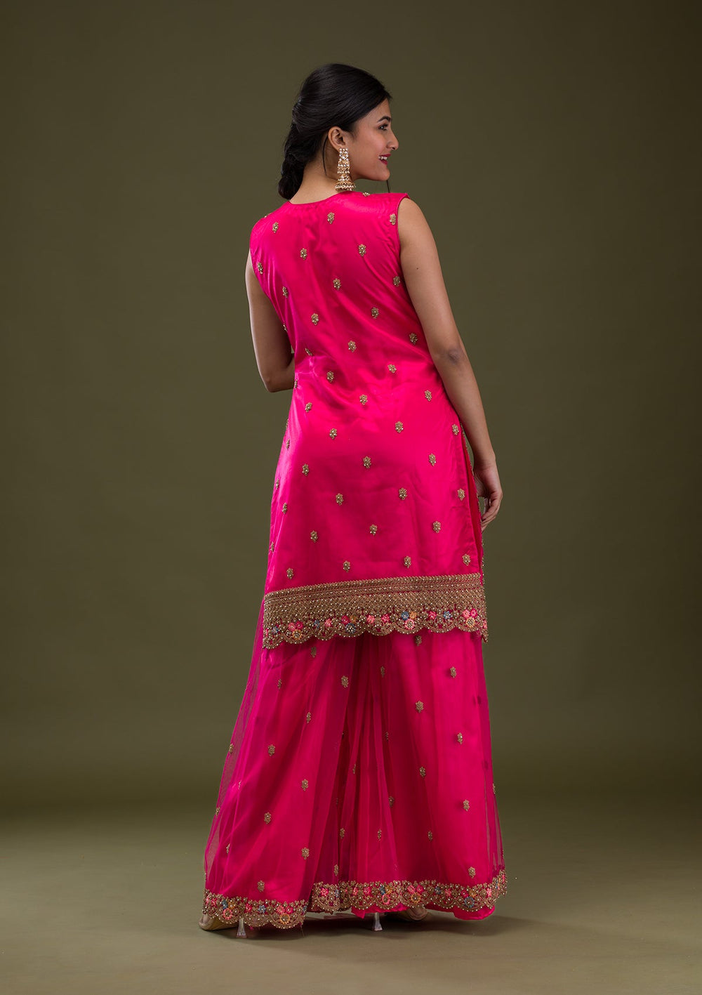 Rani Pink Zariwork Net Readymade Salwar Suit-Koskii