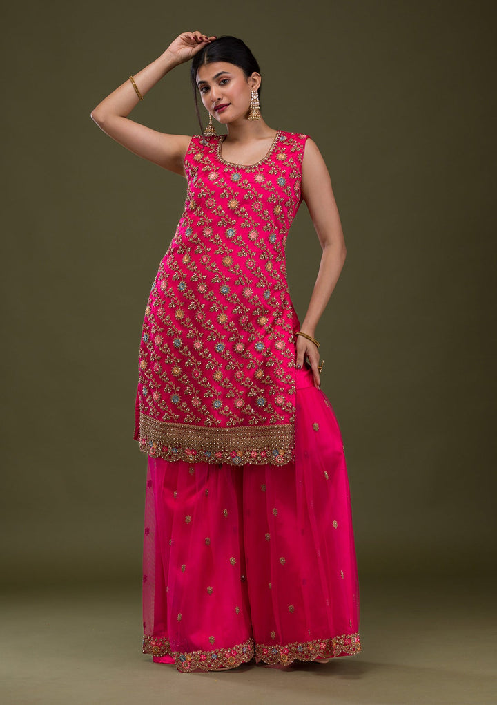 Rani Pink Zariwork Net Readymade Salwar Suit-Koskii