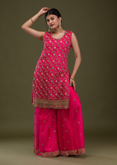 Rani Pink Zariwork Net Readymade Salwar Suit-Koskii