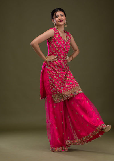 Rani Pink Zariwork Net Readymade Salwar Suit-Koskii
