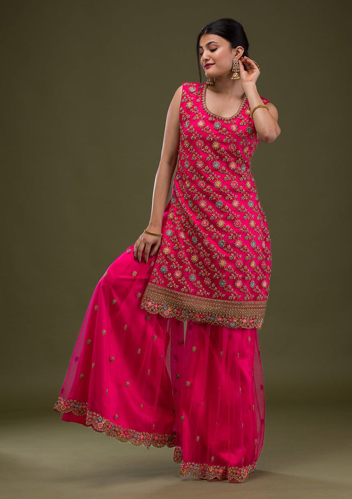 Rani Pink Zariwork Net Readymade Salwar Suit-Koskii