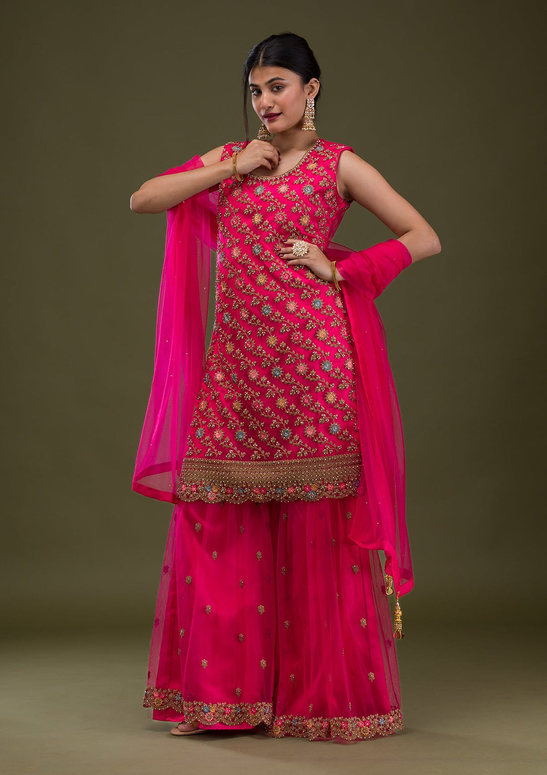 Rani Pink Zariwork Net Readymade Salwar Suit-Koskii