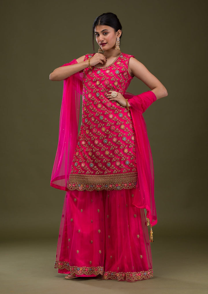 Rani Pink Zariwork Net Readymade Salwar Suit-Koskii