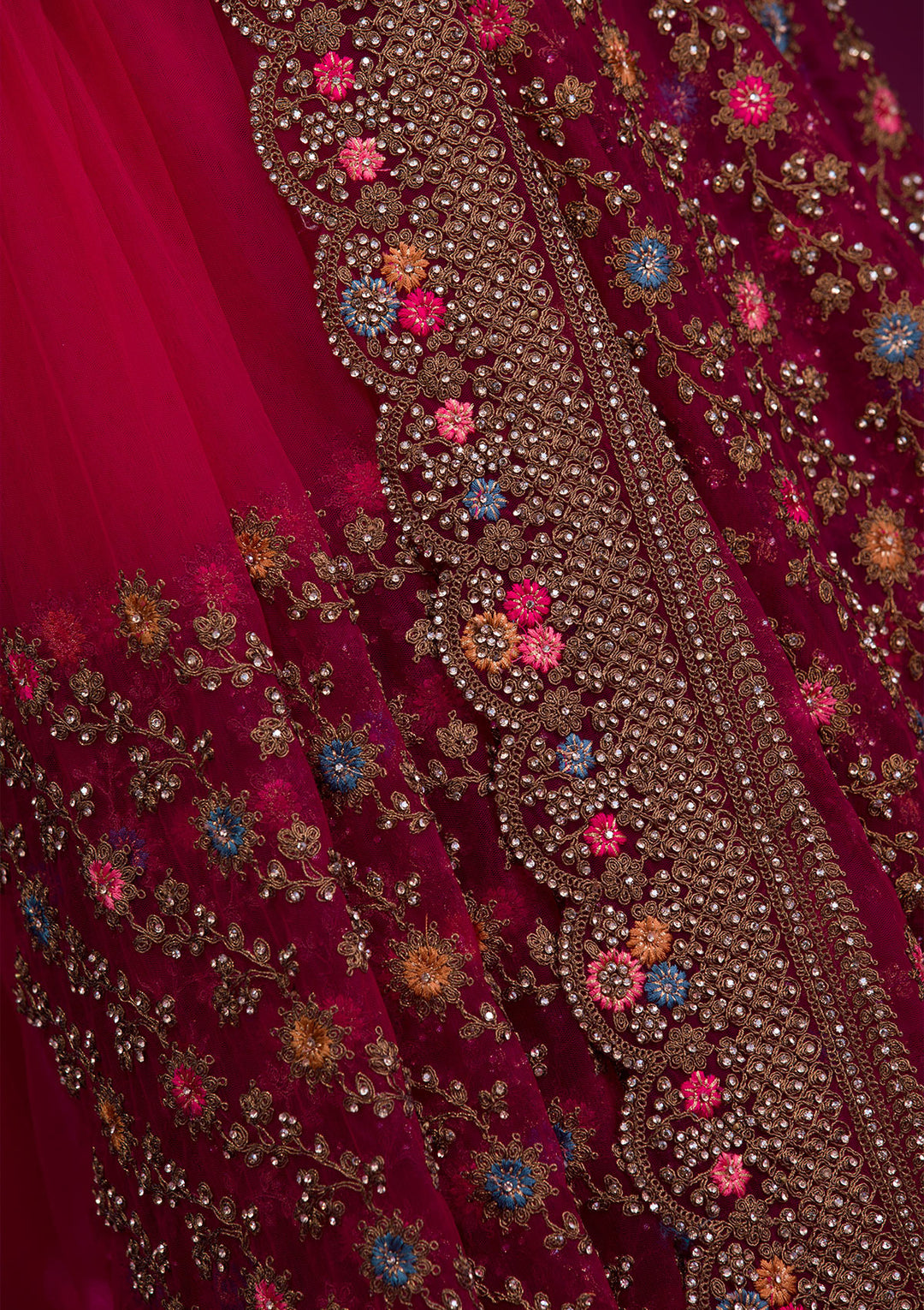 Rani Pink Zariwork Net Saree-Koskii