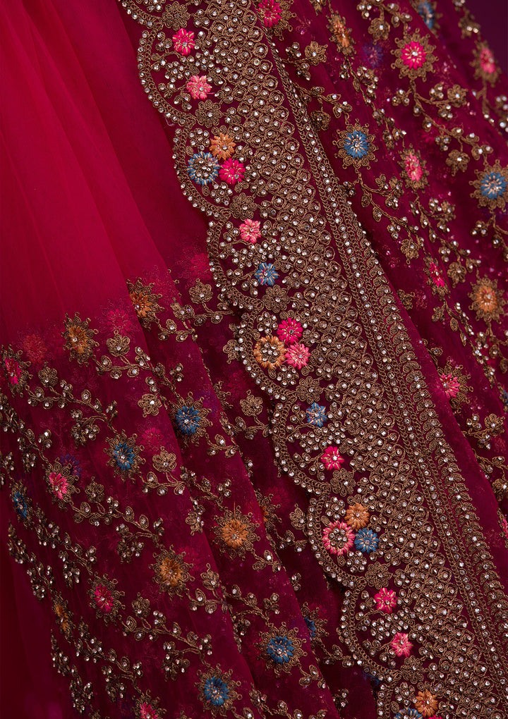 Rani Pink Zariwork Net Saree-Koskii
