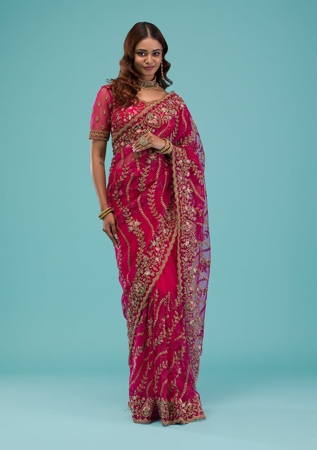 Rani Pink Zariwork Net Saree-Koskii