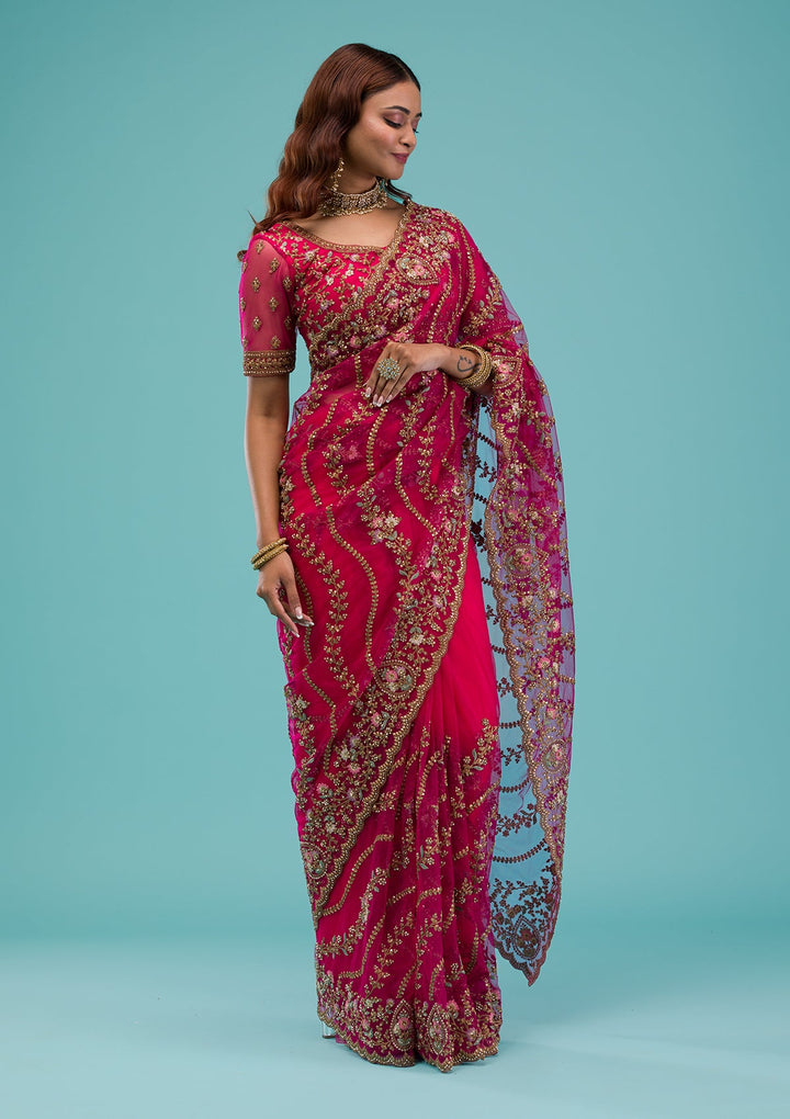 Rani Pink Zariwork Net Saree-Koskii