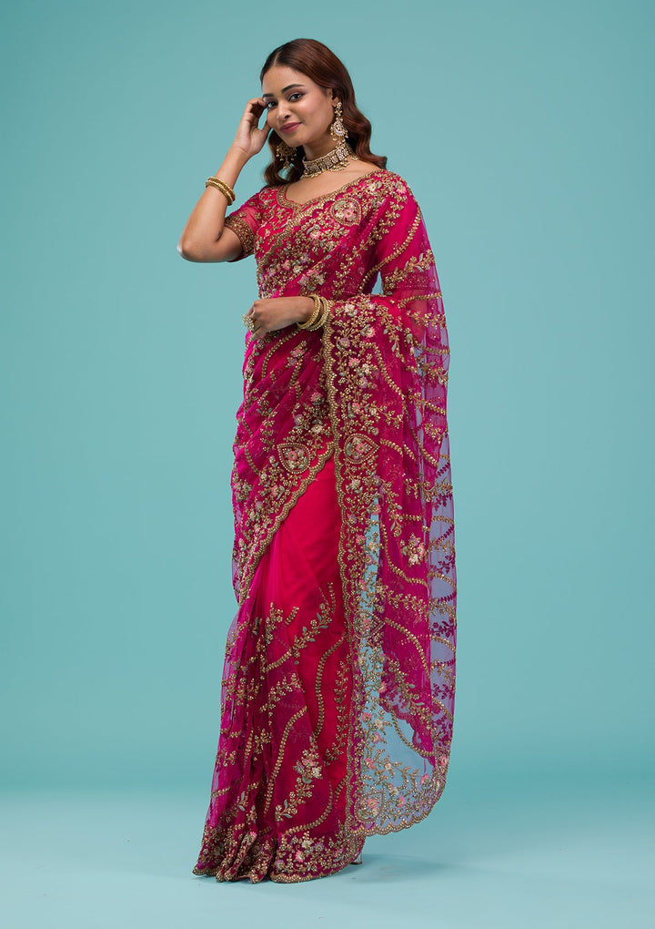 Rani Pink Zariwork Net Saree-Koskii