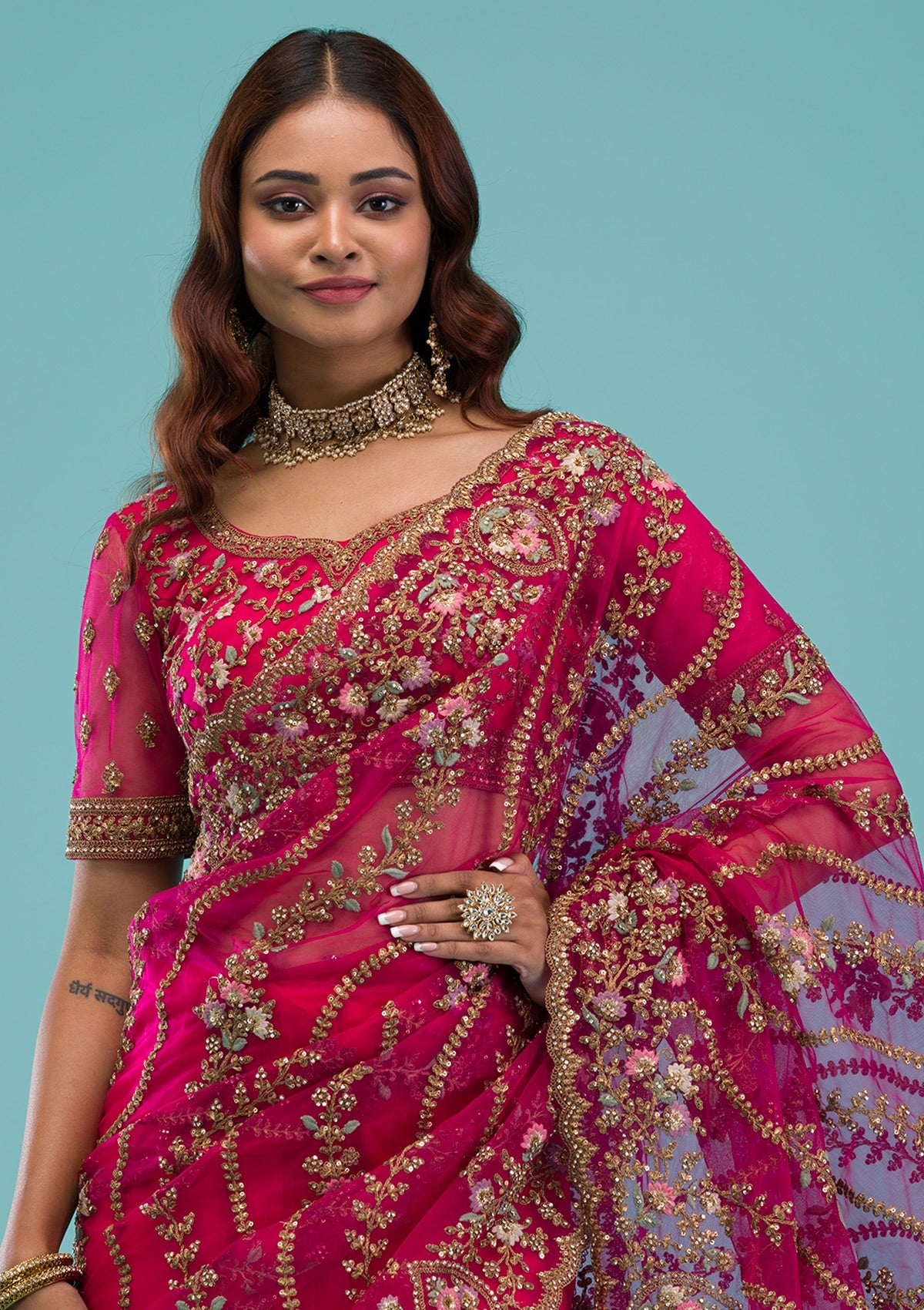 Rani Pink Zariwork Net Saree-Koskii