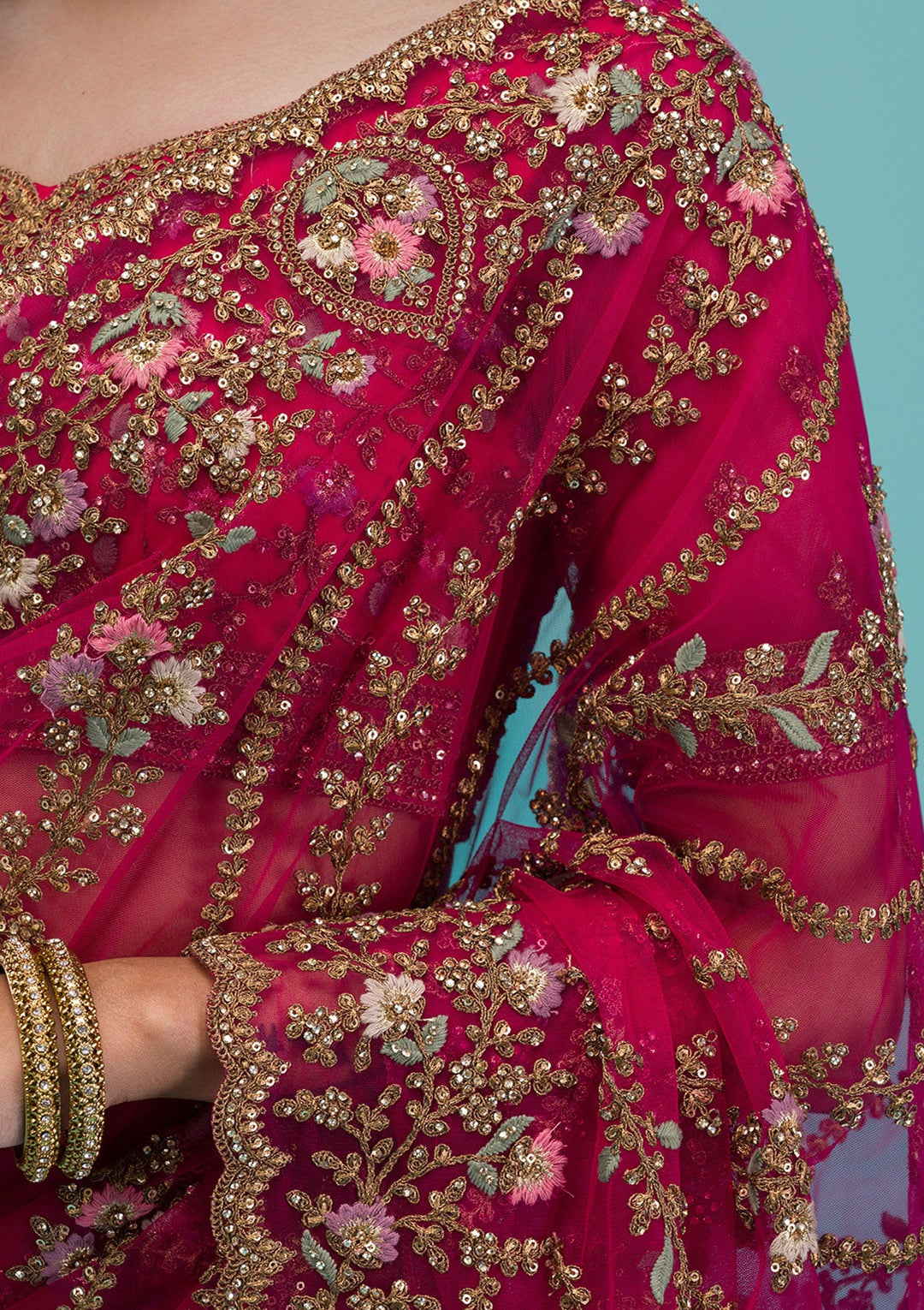 Rani Pink Zariwork Net Saree-Koskii