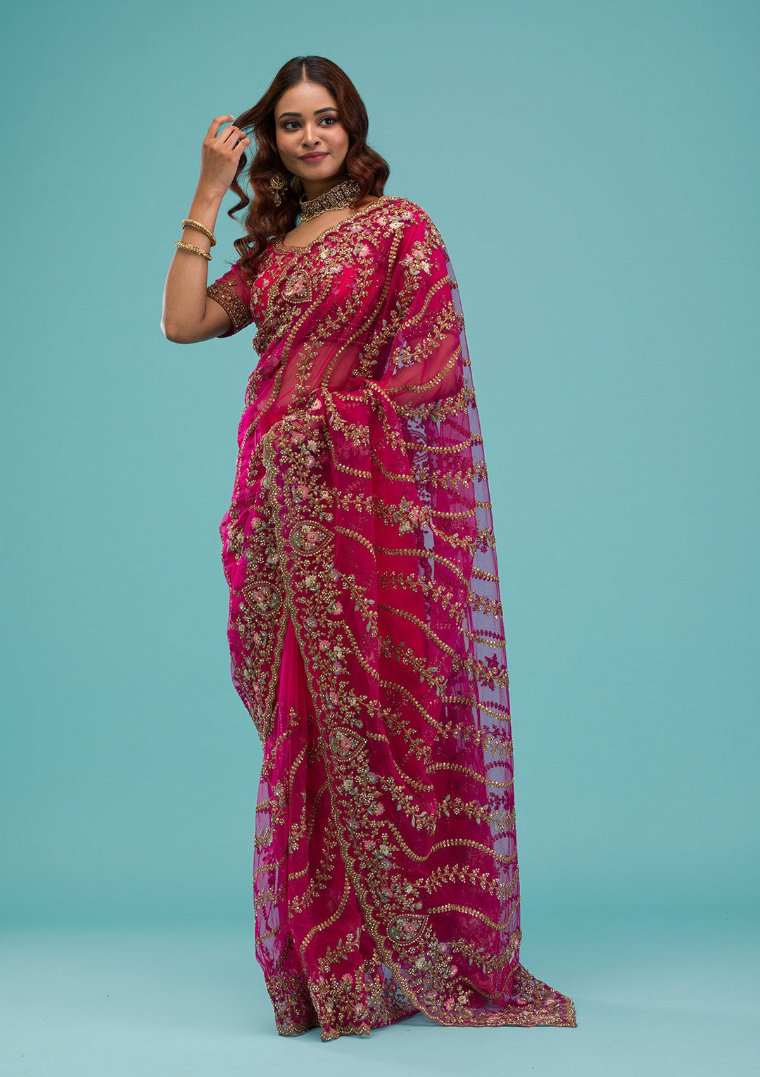 Rani Pink Zariwork Net Saree-Koskii