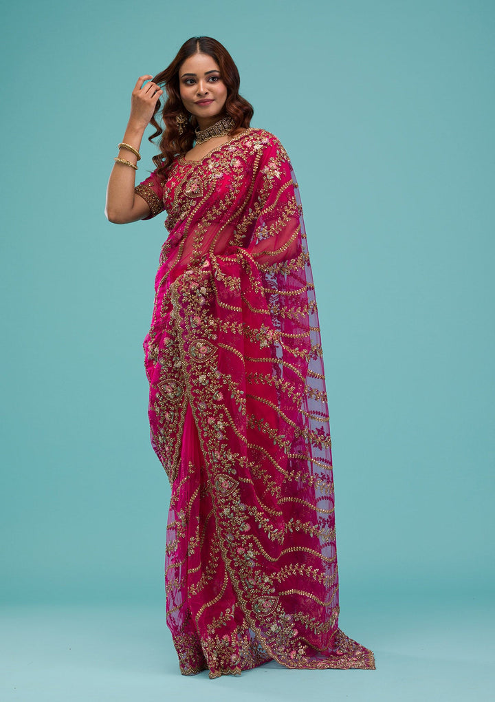 Rani Pink Zariwork Net Saree-Koskii