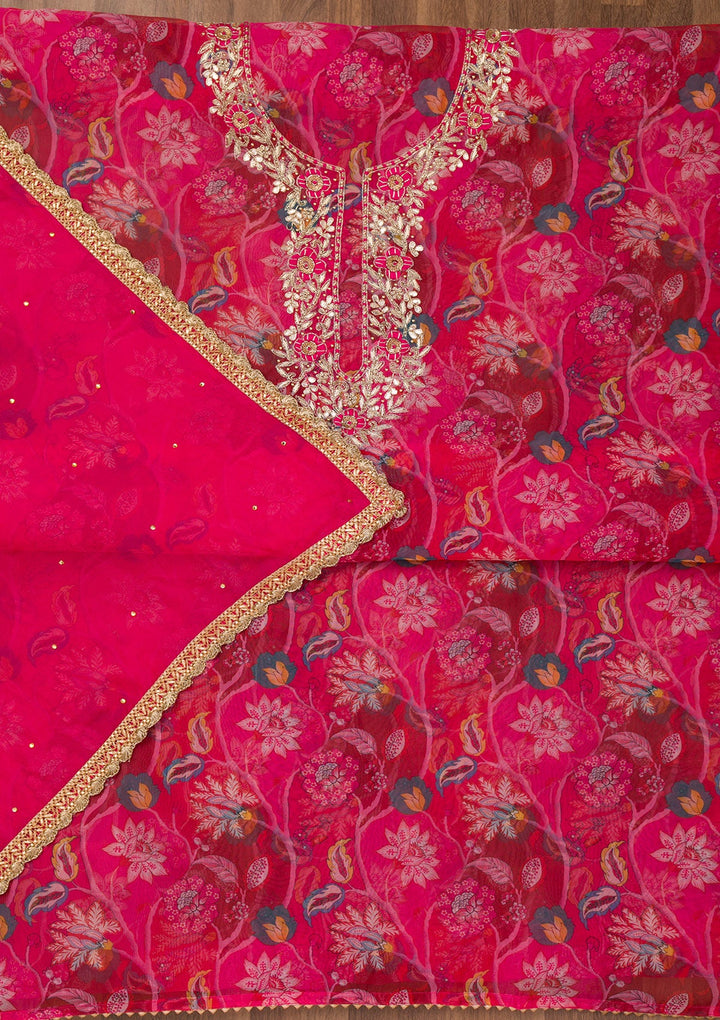 Rani Pink Zariwork Organza Unstitched Salwar Suit-Koskii