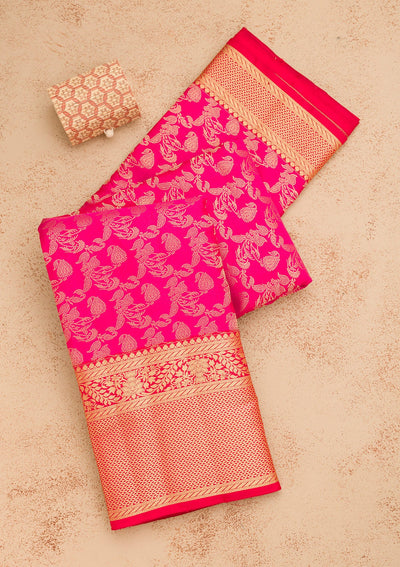 Rani Pink Zariwork Pure Silk Saree-Koskii