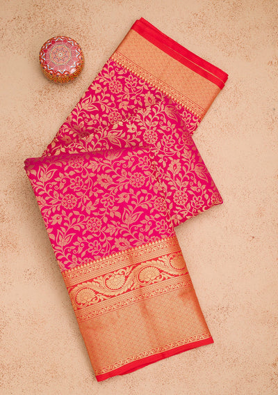 Rani Pink Zariwork Pure Silk Saree-Koskii