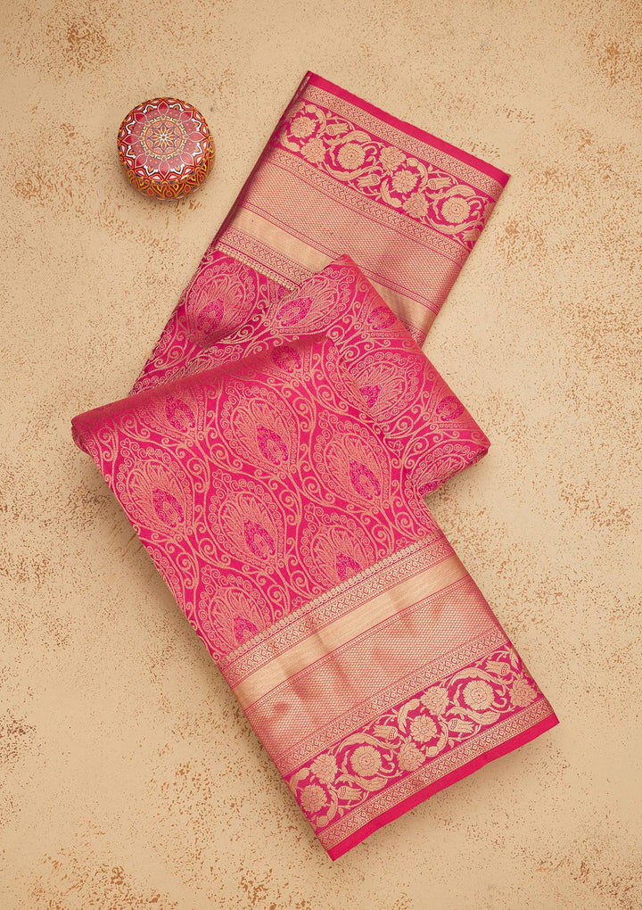 Rani Pink Zariwork Pure Silk Saree-Koskii