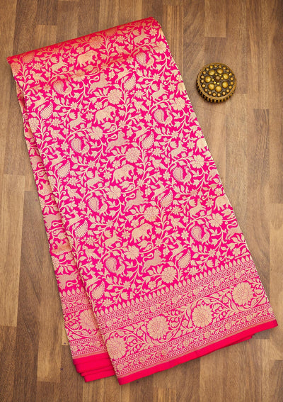 Rani Pink Zariwork Pure Silk Saree-Koskii
