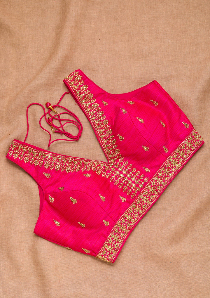 Rani Pink Zariwork Raw Silk Blouse-Koskii