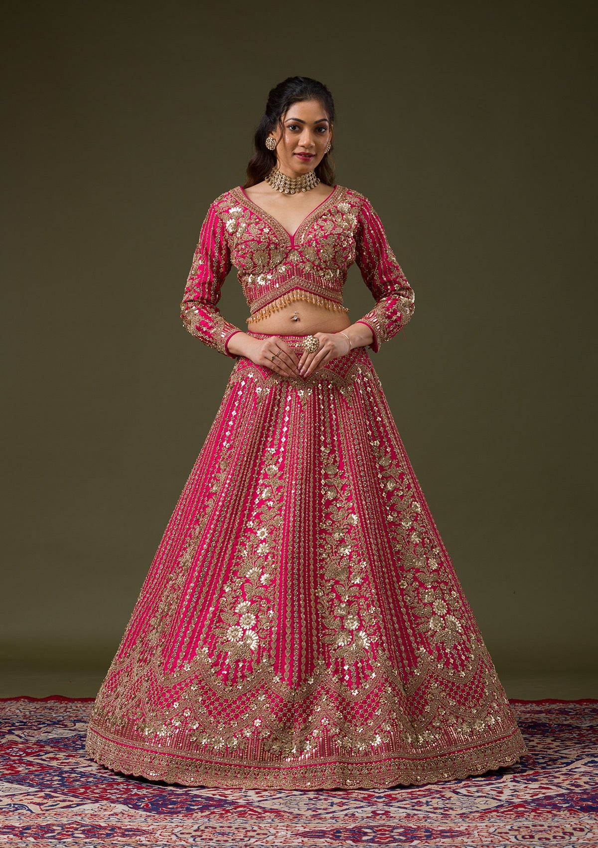 Rani Pink Zariwork Raw Silk Readymade Lehenga-Koskii