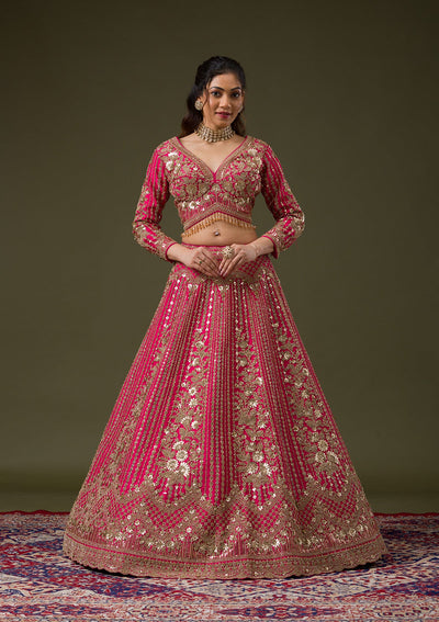 Rani Pink Zariwork Raw Silk Readymade Lehenga-Koskii