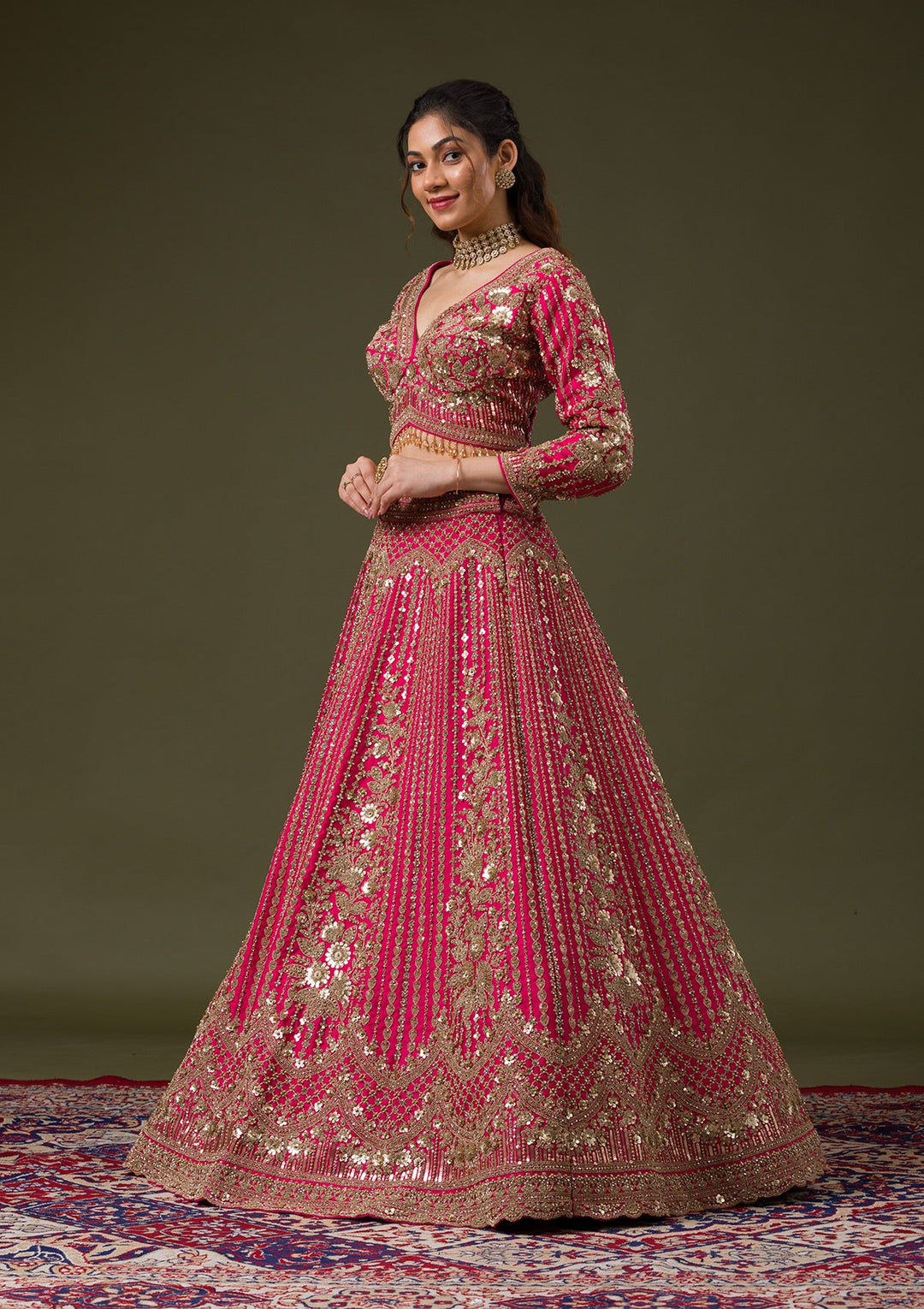 Rani Pink Zariwork Raw Silk Readymade Lehenga-Koskii
