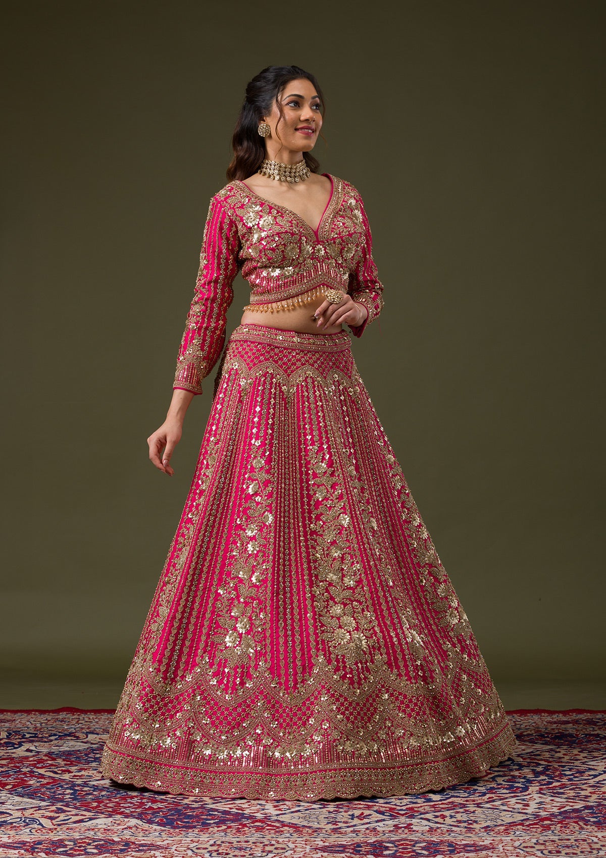 Rani Pink Zariwork Raw Silk Readymade Lehenga-Koskii