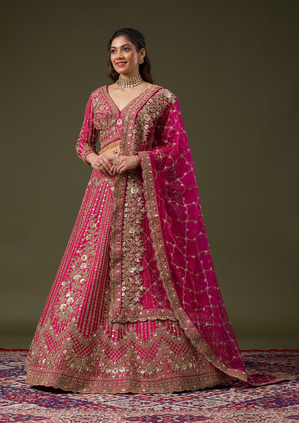 Rani Pink Zariwork Raw Silk Readymade Lehenga-Koskii