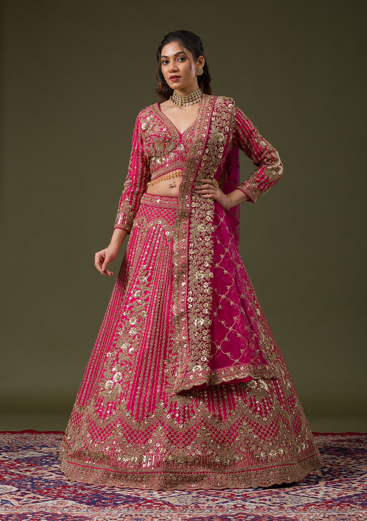 Rani Pink Zariwork Raw Silk Readymade Lehenga-Koskii